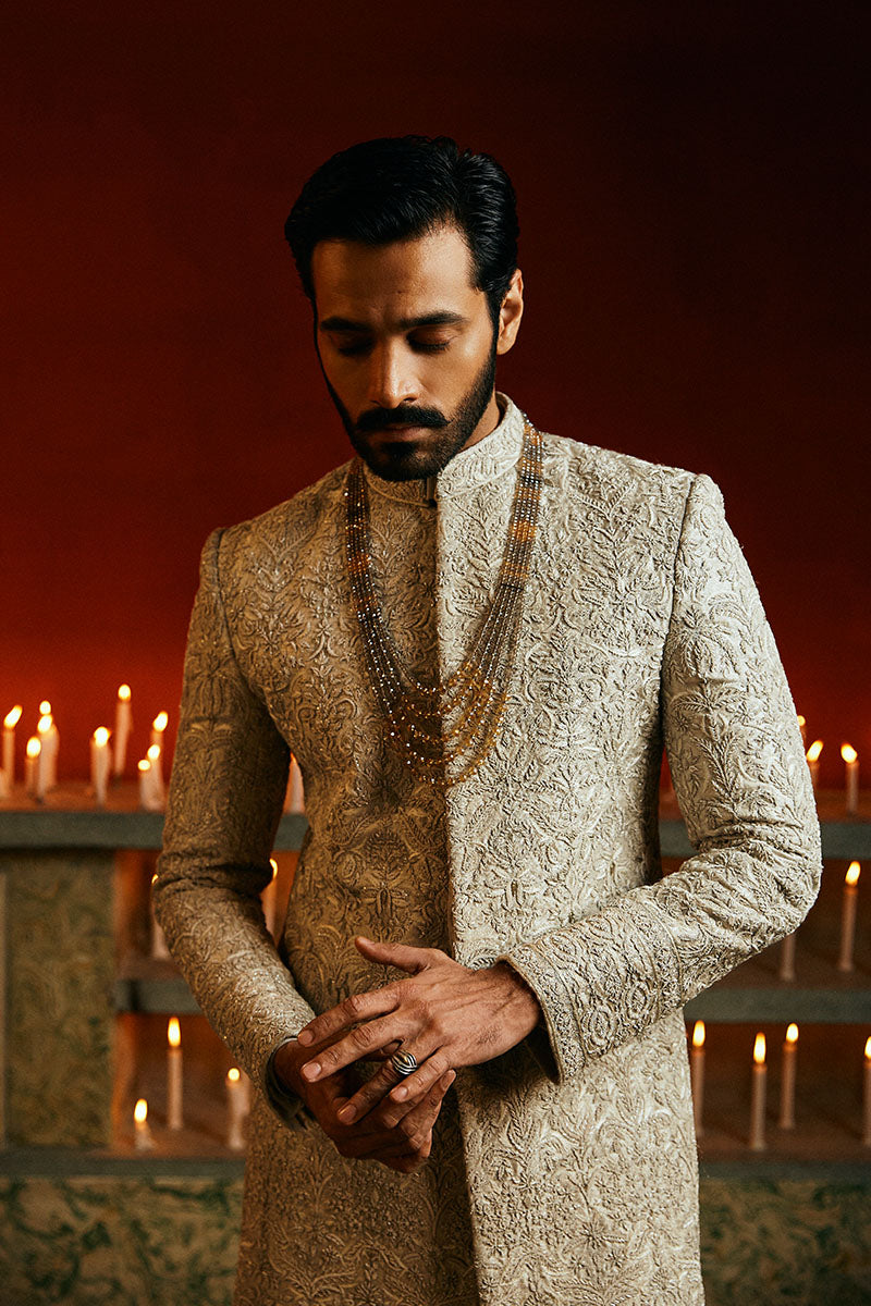 Ivory Adda Work Self Jamawar Sherwani (2-Piece) - Image 1