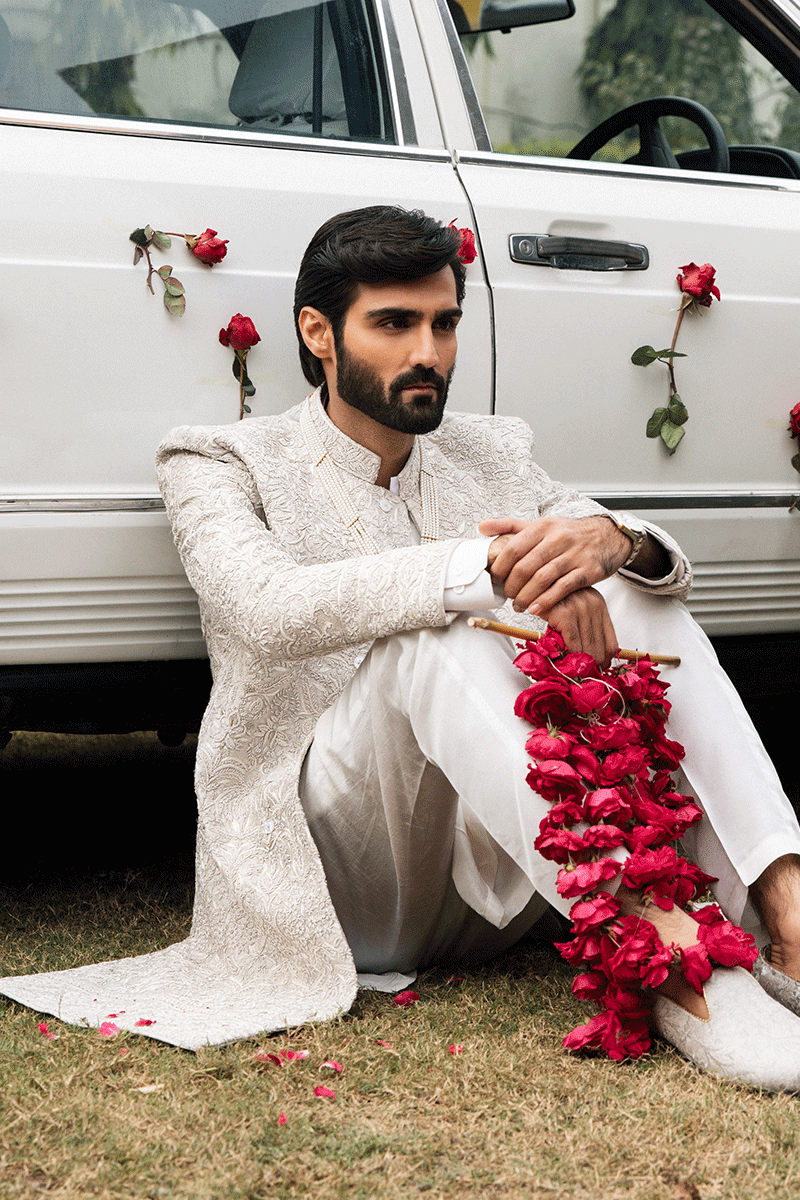 Ivory Adda Work Self Jamawar Sherwani (2-Piece) - Image 10