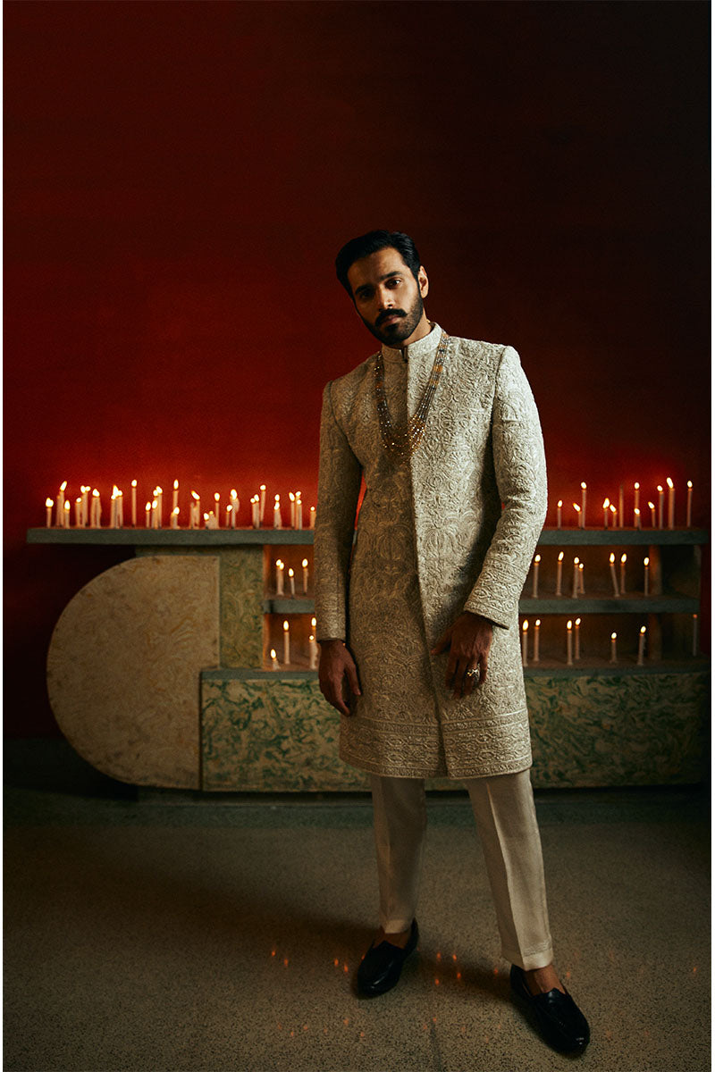 Ivory Adda Work Self Jamawar Sherwani (2-Piece) - Image 2