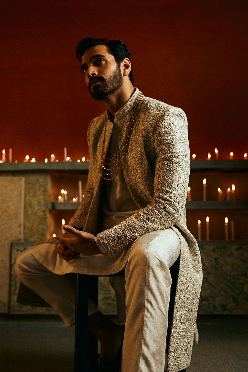 Ivory Adda Work Self Jamawar Sherwani (2-Piece) - Image 3