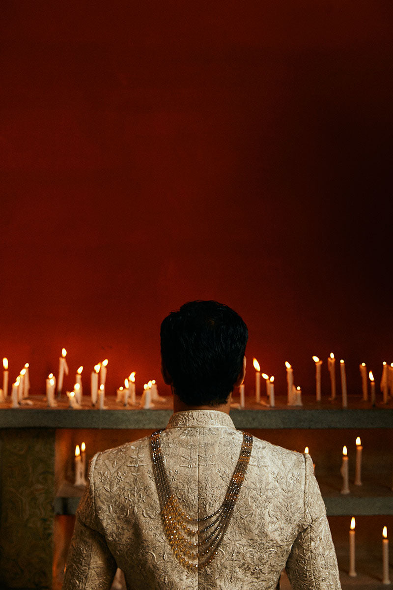 Ivory Adda Work Self Jamawar Sherwani (2-Piece) - Image 4