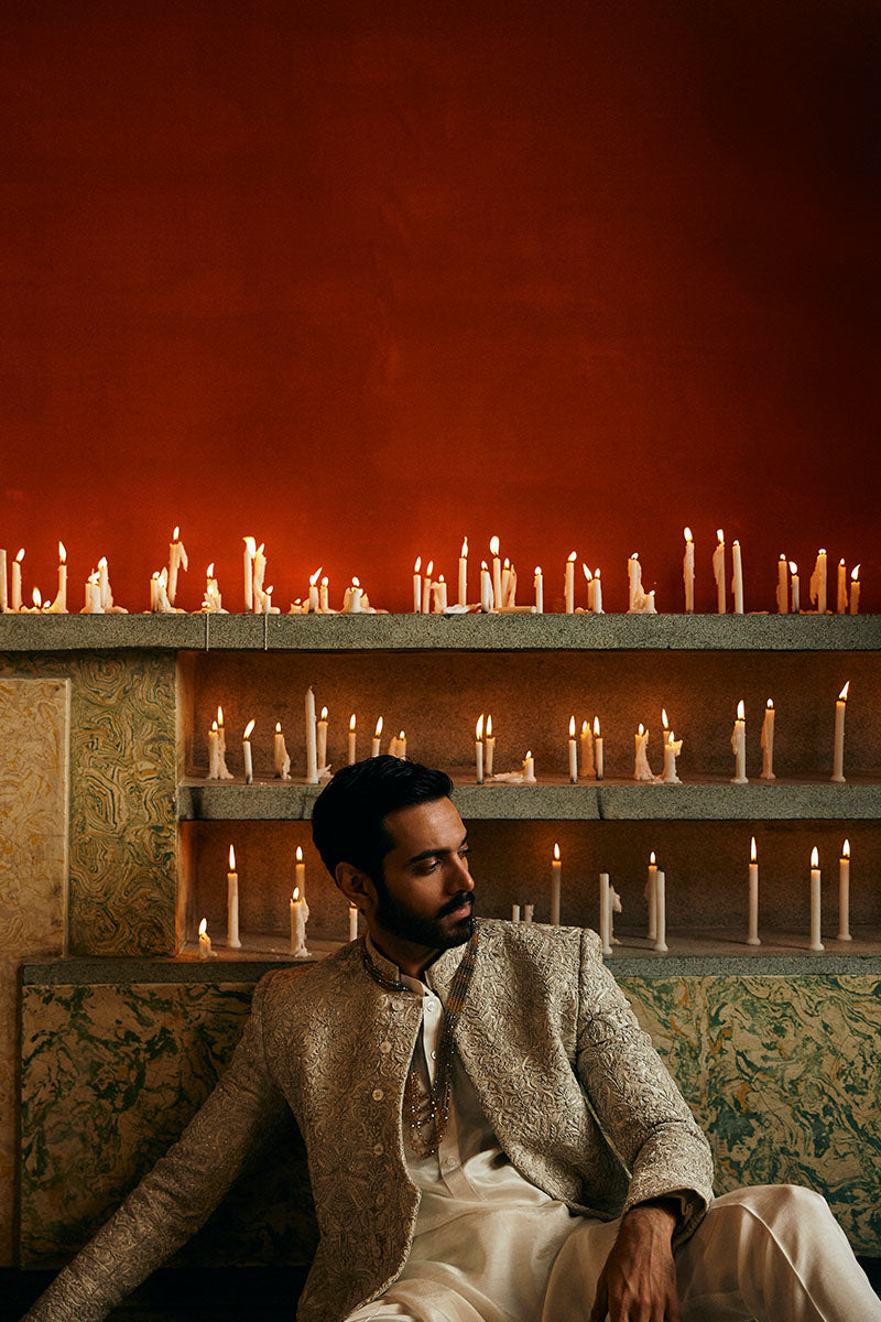 Ivory Adda Work Self Jamawar Sherwani (2-Piece) - Image 5