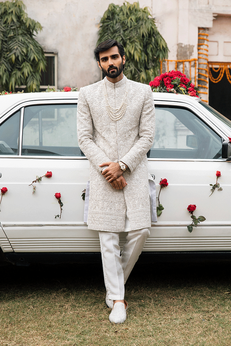 Ivory Adda Work Self Jamawar Sherwani (2-Piece) - Image 6