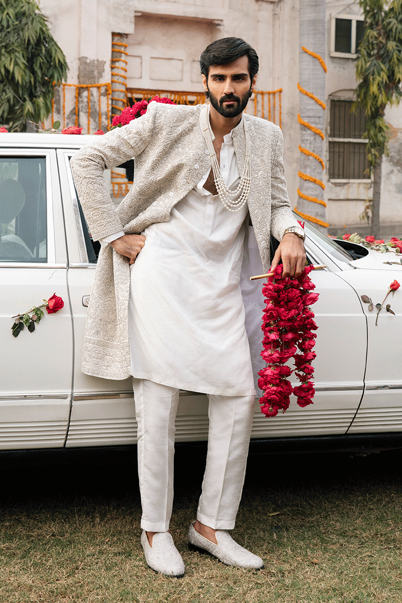 Ivory Adda Work Self Jamawar Sherwani (2-Piece) - Image 7