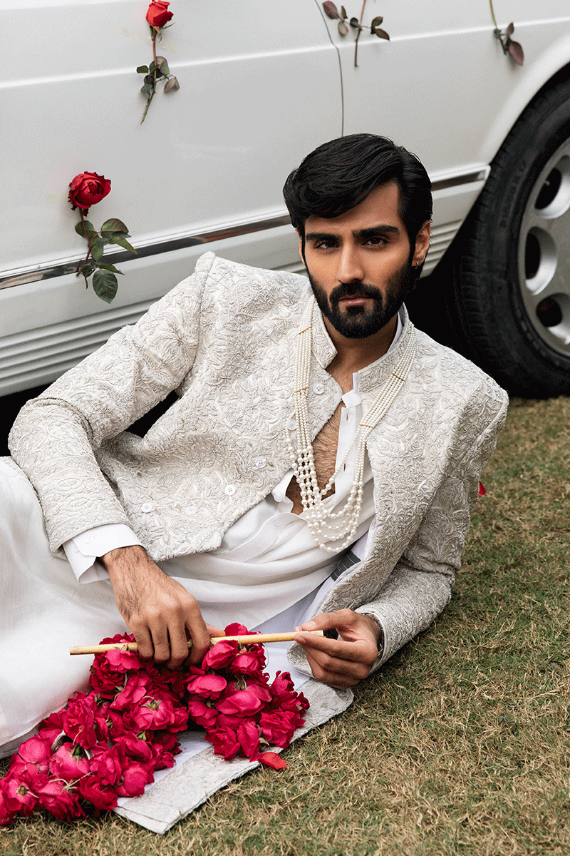 Ivory Adda Work Self Jamawar Sherwani (2-Piece) - Image 8