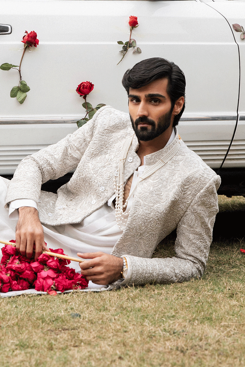 Ivory Adda Work Self Jamawar Sherwani (2-Piece) - Image 9