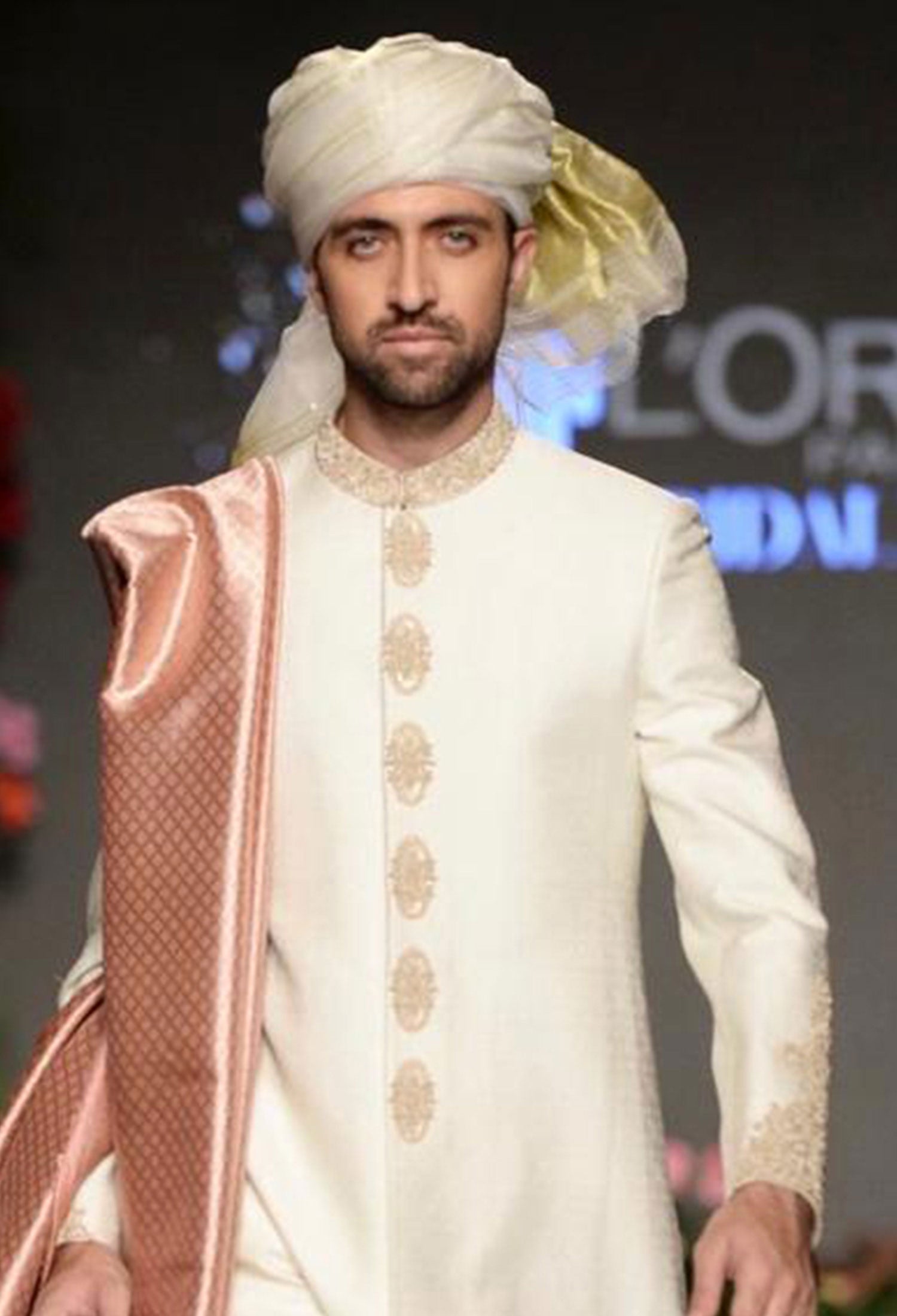 Ivory Embroidered Self Jamawar Groom Sherwani (3-Piece) - Image 1