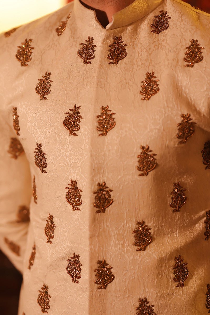 Ivory Zardozi Self-Silk Jamawar Sherwani (2-Piece) - Image 4