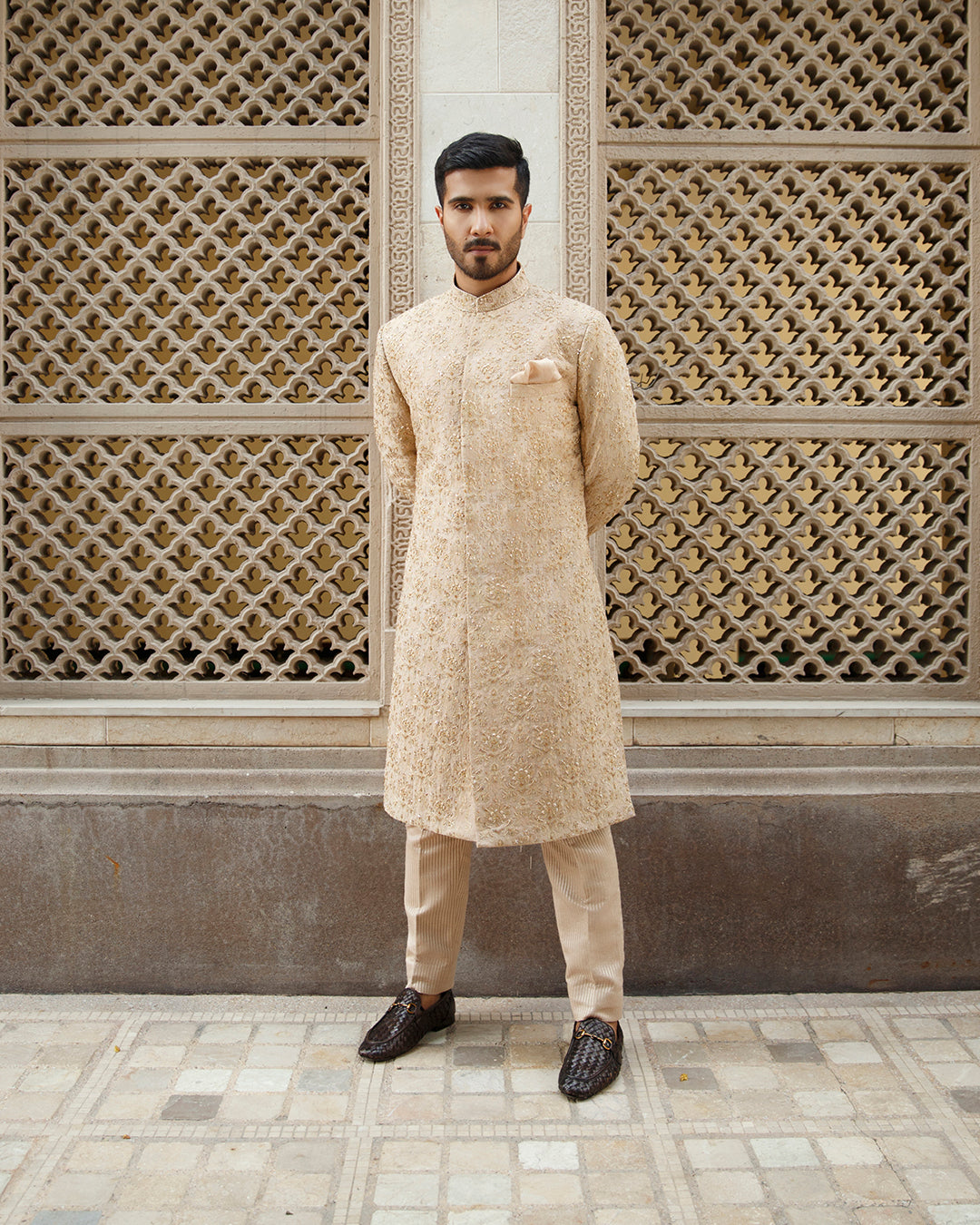 Ivory Gold Embroidered Karandi Sherwani (2-Piece) - Image 1