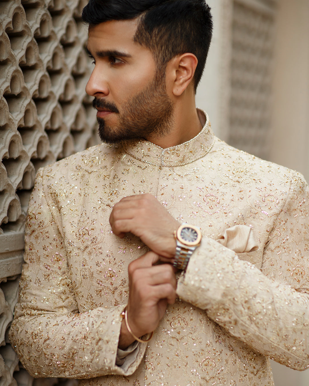 Ivory Gold Embroidered Karandi Sherwani (2-Piece) - Image 2