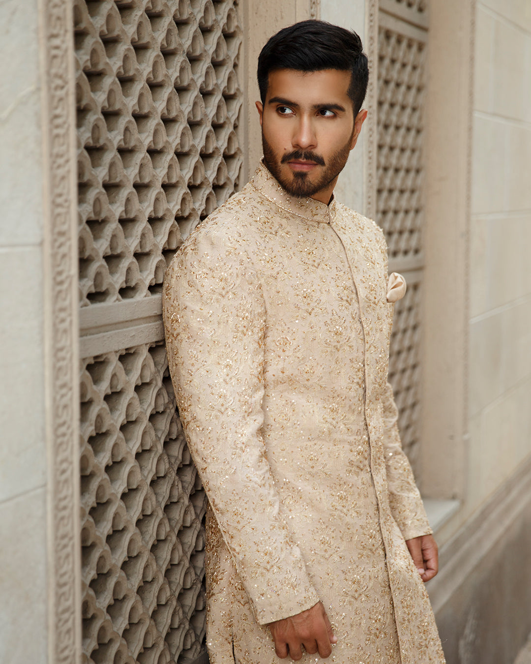 Ivory Gold Embroidered Karandi Sherwani (2-Piece) - Image 3