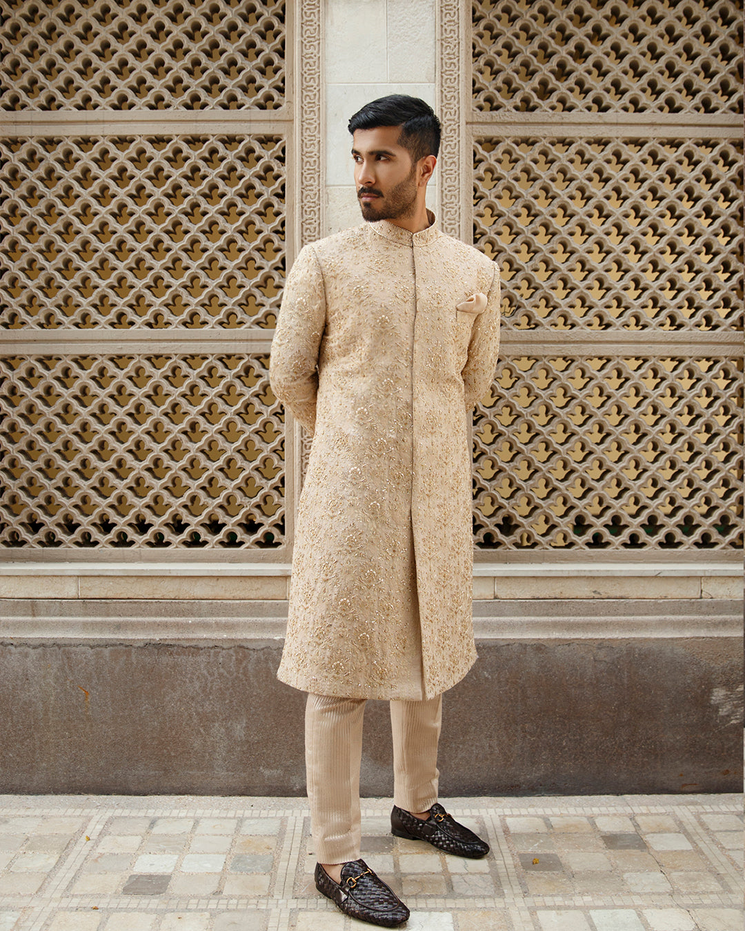 Ivory Gold Embroidered Karandi Sherwani (2-Piece) - Image 5
