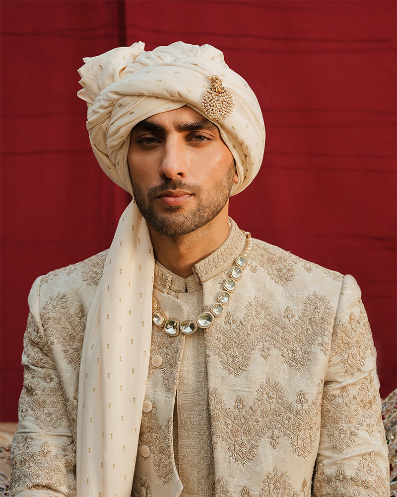 Ivory White Embroidered Karandi Sherwani (3-Piece) - Image 1