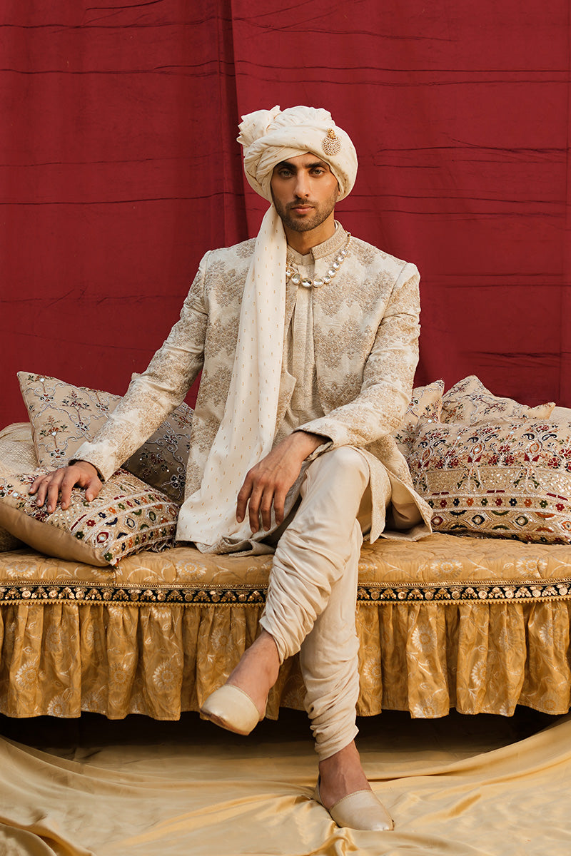 Ivory White Embroidered Karandi Sherwani (3-Piece) - Image 4