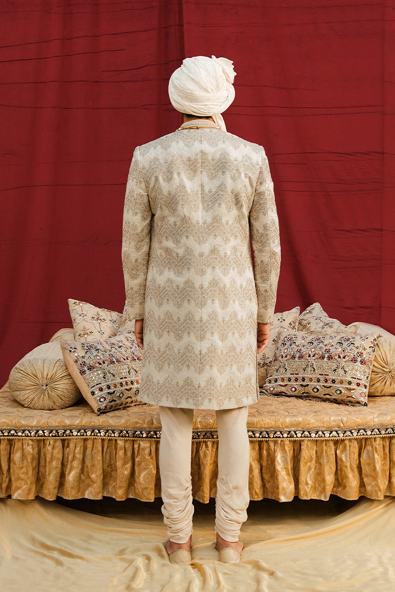 Ivory White Embroidered Karandi Sherwani (3-Piece) - Image 5