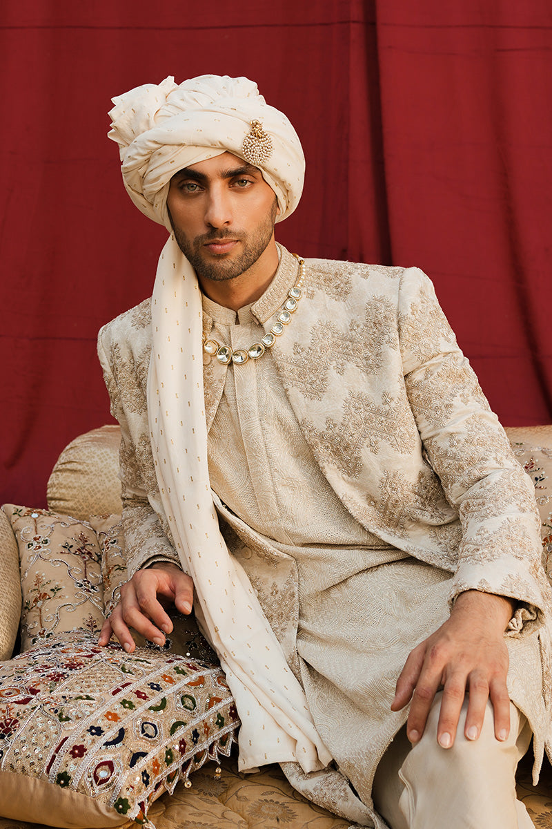 Ivory White Embroidered Karandi Sherwani (3-Piece) - Image 7