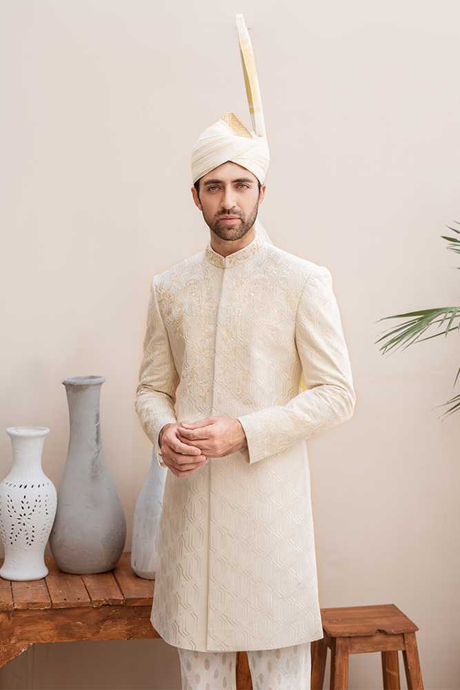 Off-White Embroidered Karandi Groom Sherwani (2-Piece) - Image 1