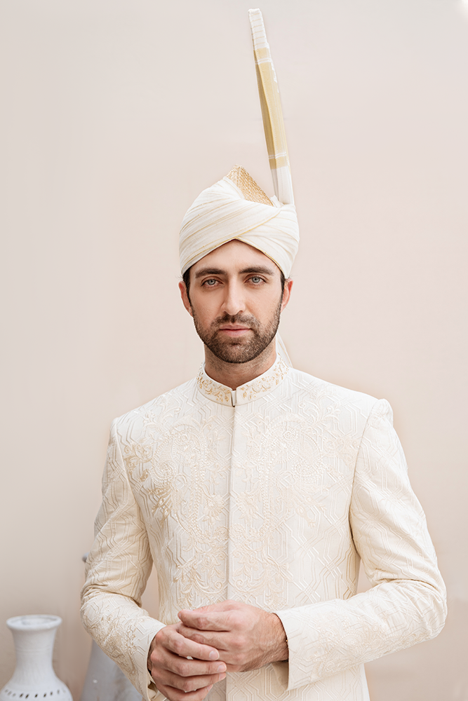 Off-White Embroidered Karandi Groom Sherwani (2-Piece) - Image 2
