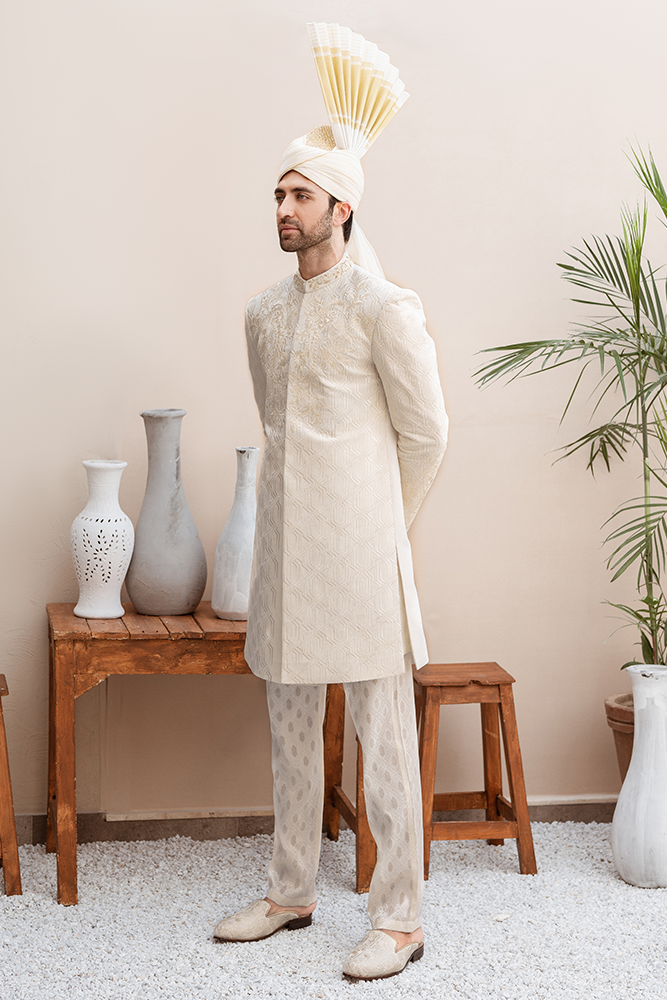 Off-White Embroidered Karandi Groom Sherwani (2-Piece) - Image 3