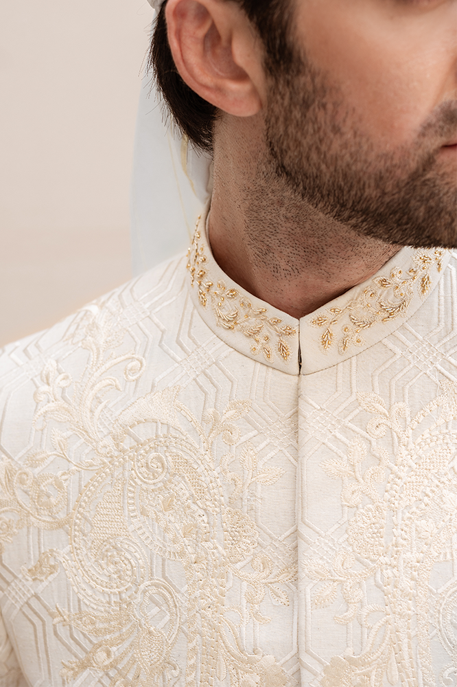 Off-White Embroidered Karandi Groom Sherwani (2-Piece) - Image 4