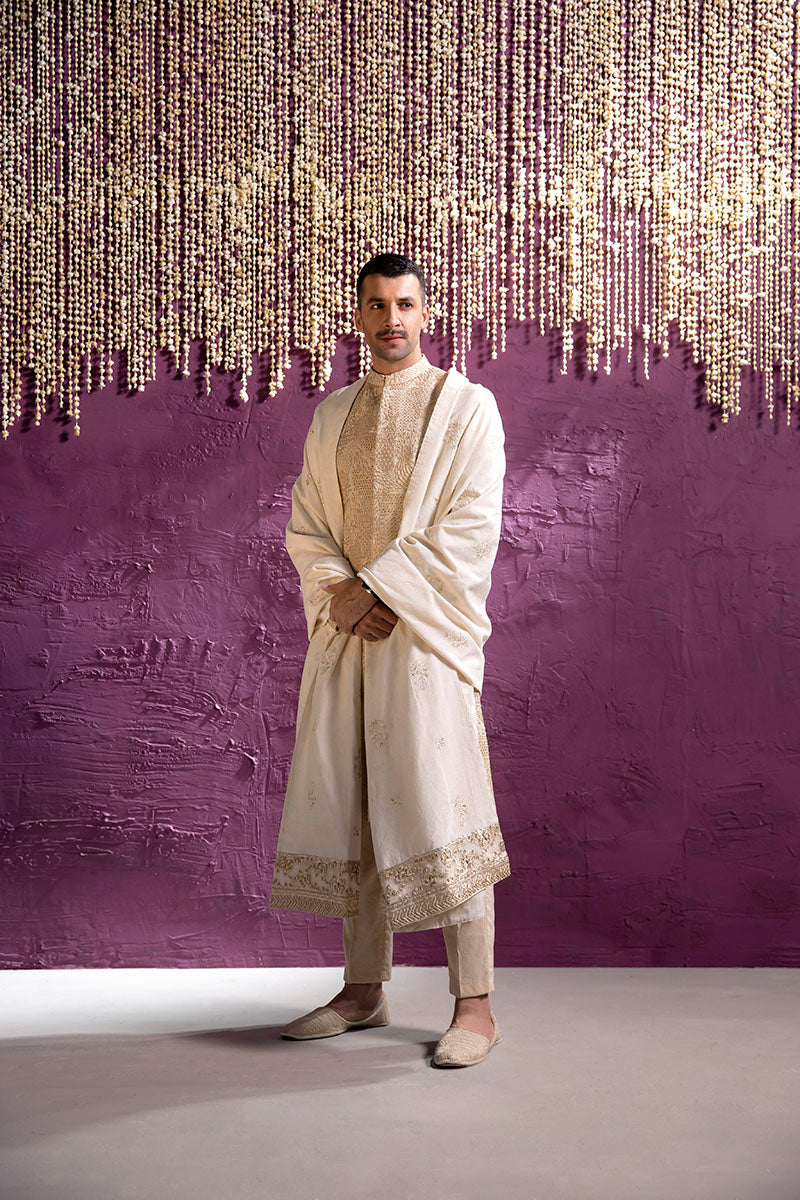 Pearl White Embroidered Karandi Groom Sherwani (3-Piece) - Image 1