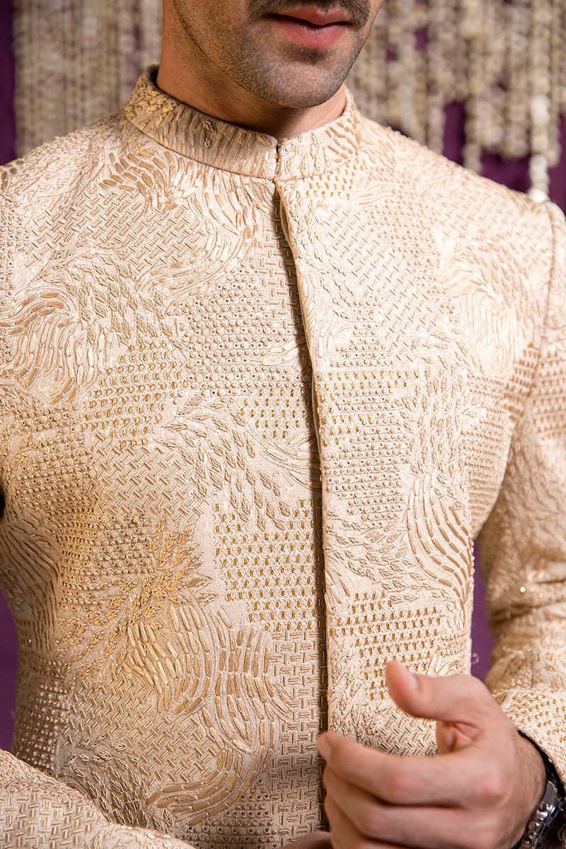 Pearl White Embroidered Karandi Groom Sherwani (3-Piece) - Image 3