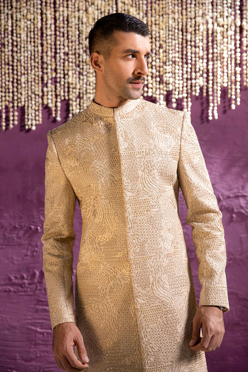 Pearl White Embroidered Karandi Groom Sherwani (3-Piece) - Image 5