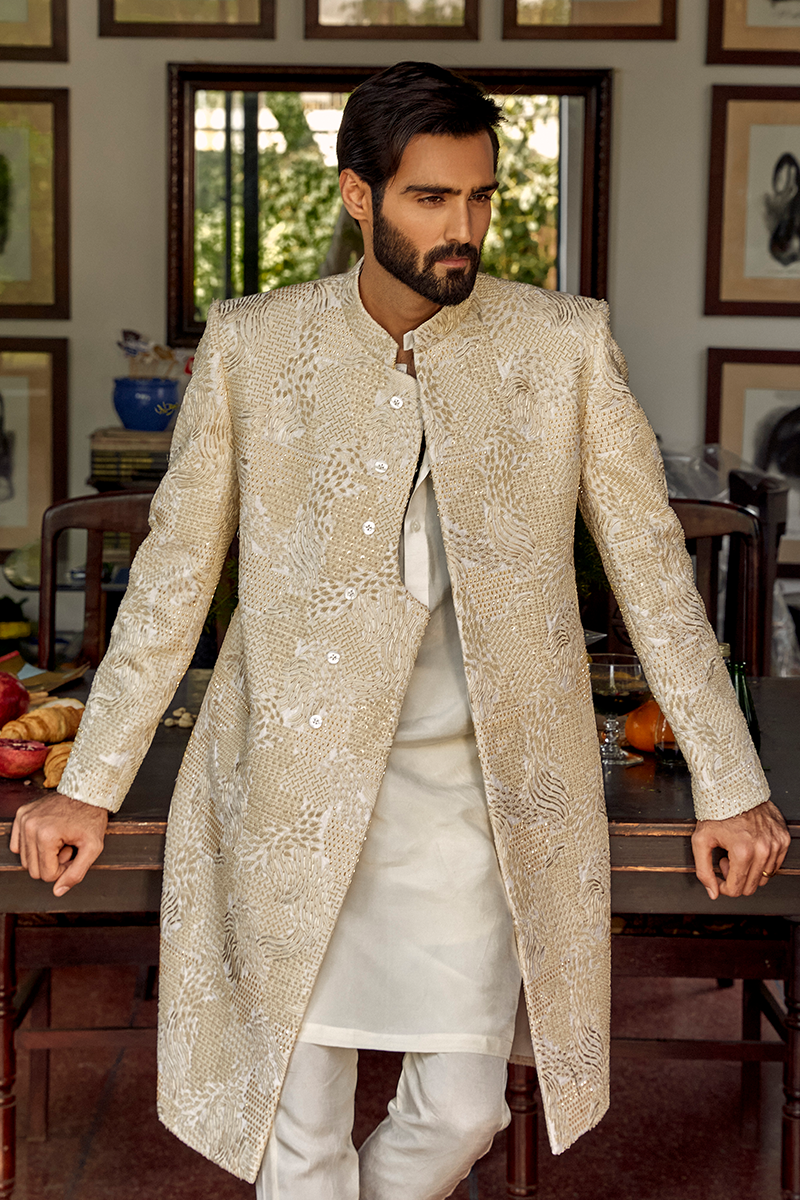 Pearl White Embroidered Karandi Groom Sherwani (3-Piece) - Image 6