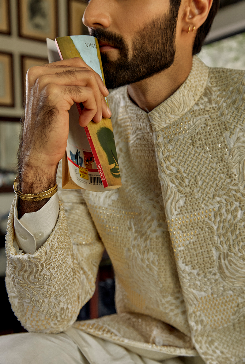 Pearl White Embroidered Karandi Groom Sherwani (3-Piece) - Image 7