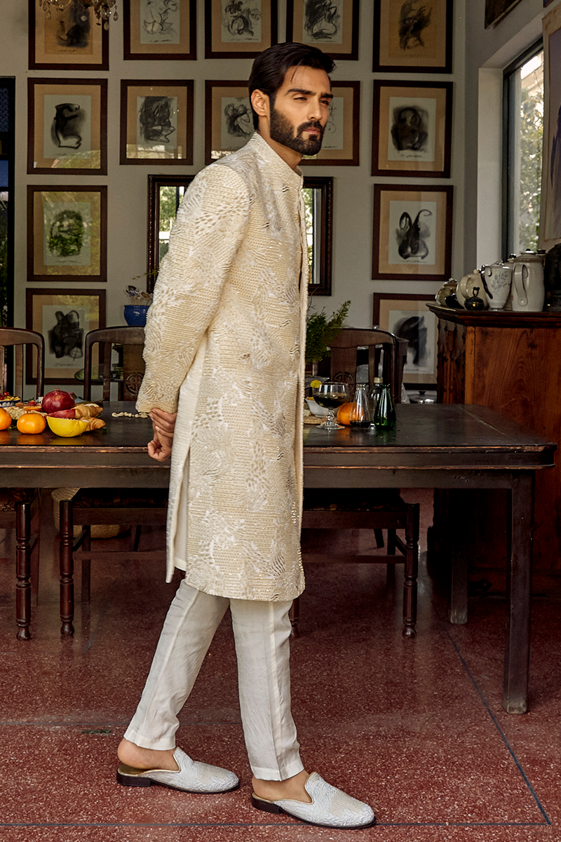Pearl White Embroidered Karandi Groom Sherwani (3-Piece) - Image 8