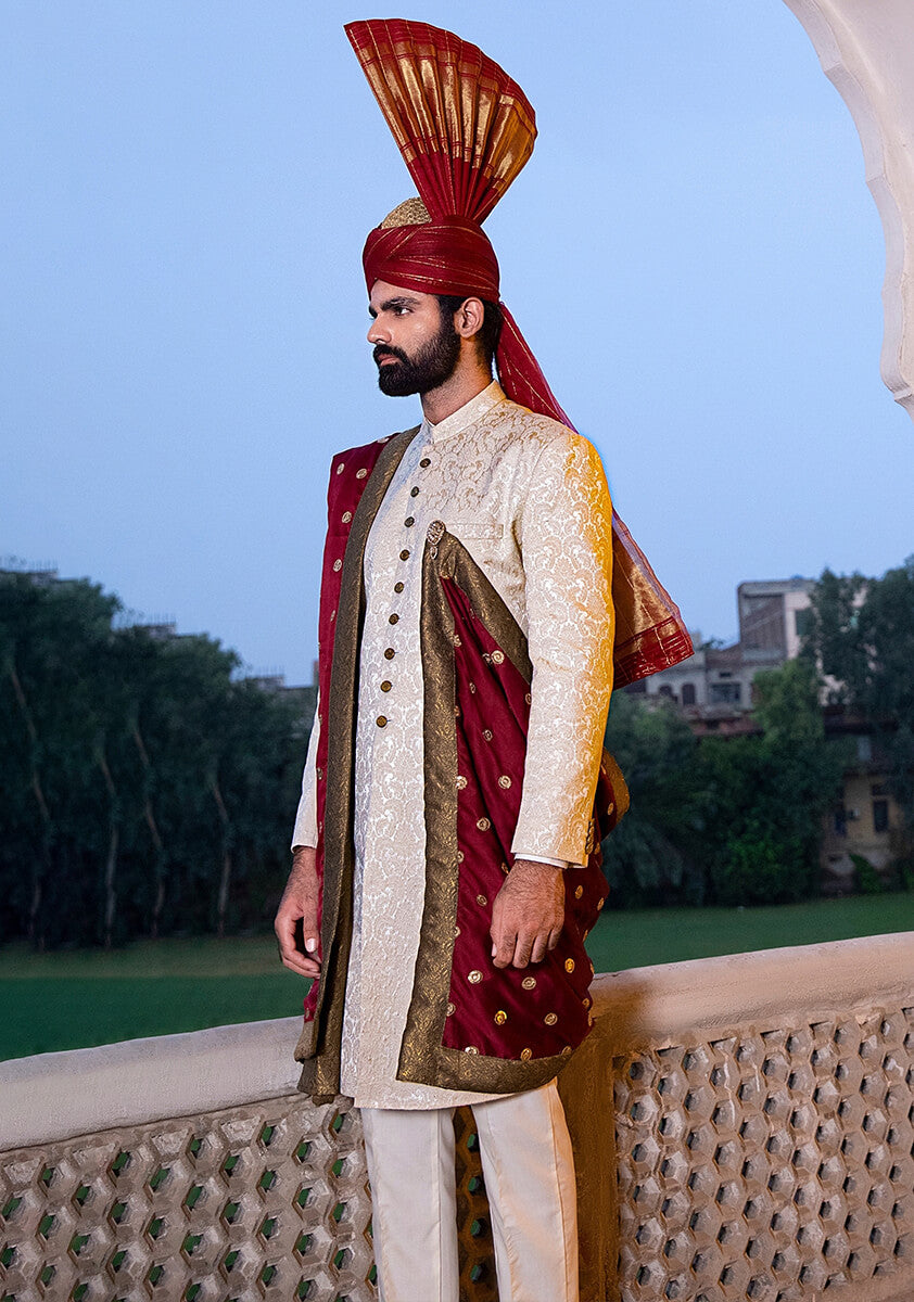 Ivory Self-Woven Karandi Groom Sherwani (3-Piece) - Image 1