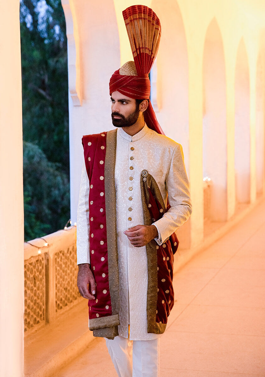 Ivory Self-Woven Karandi Groom Sherwani (3-Piece) - Image 2