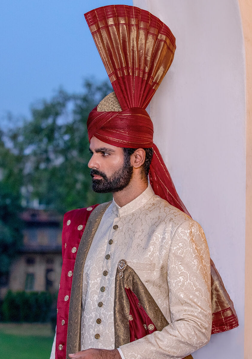 Ivory Self-Woven Karandi Groom Sherwani (3-Piece) - Image 5