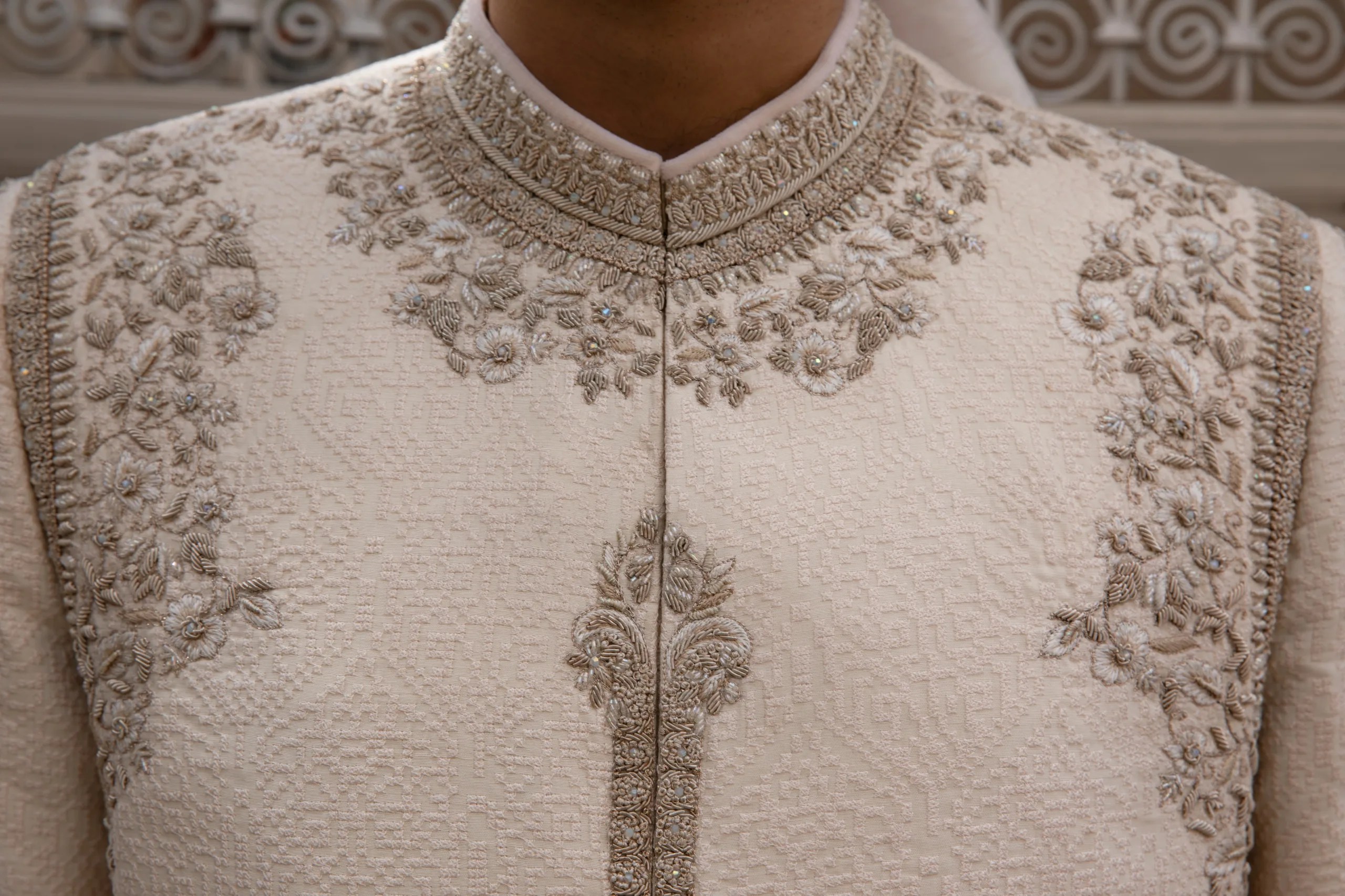 Ivory Zari Embroidered Kora Silk Groom Sherwani (2-Piece) - Image 1