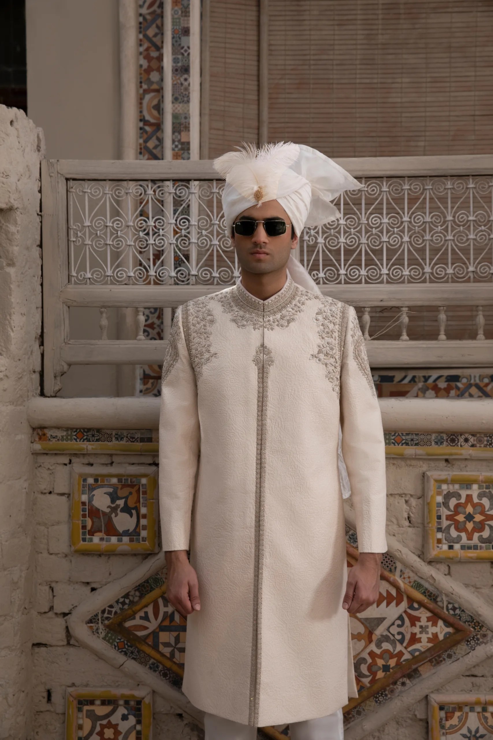 Ivory Zari Embroidered Kora Silk Groom Sherwani (2-Piece) - Image 2