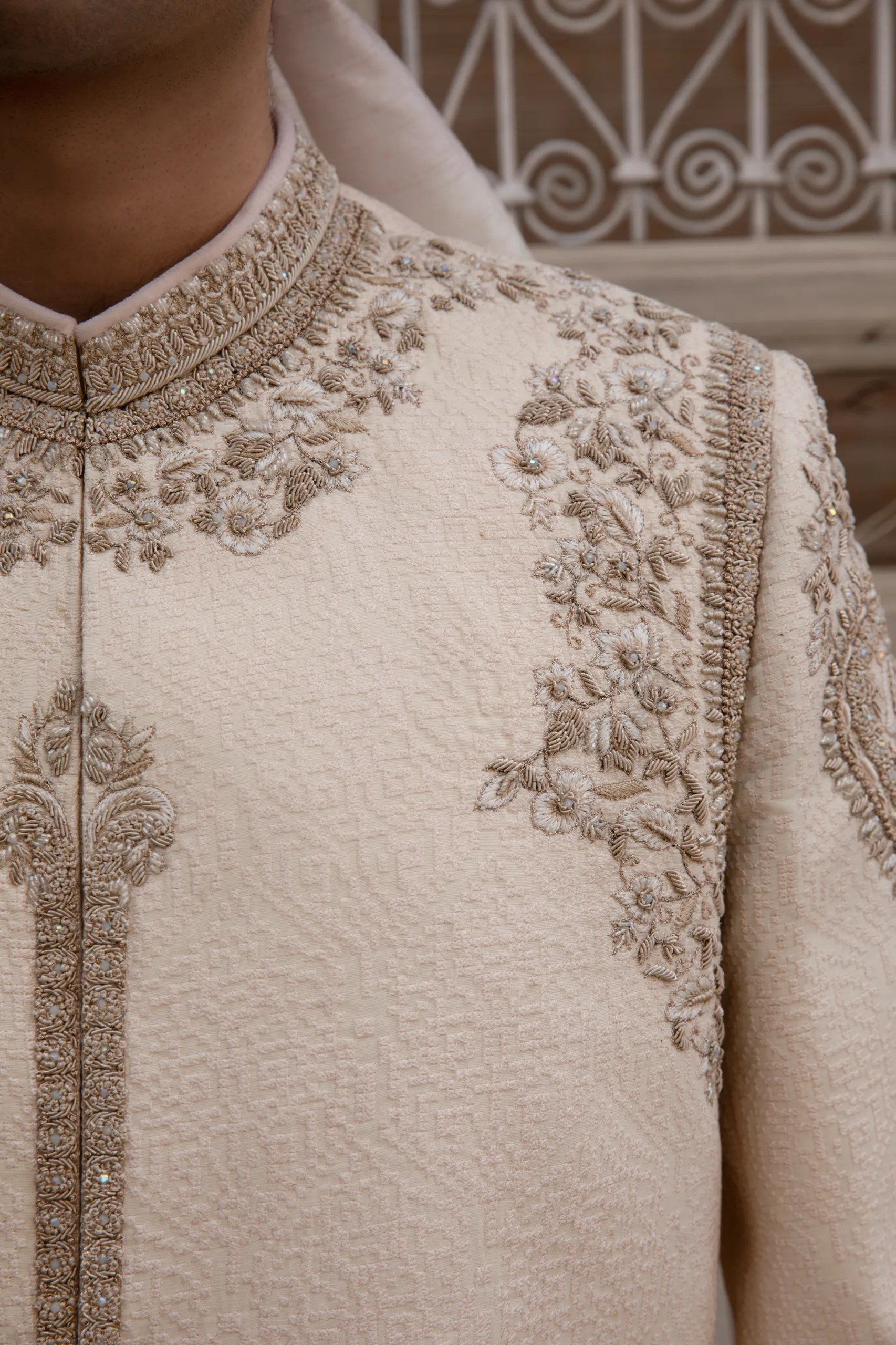 Ivory Zari Embroidered Kora Silk Groom Sherwani (2-Piece) - Image 3