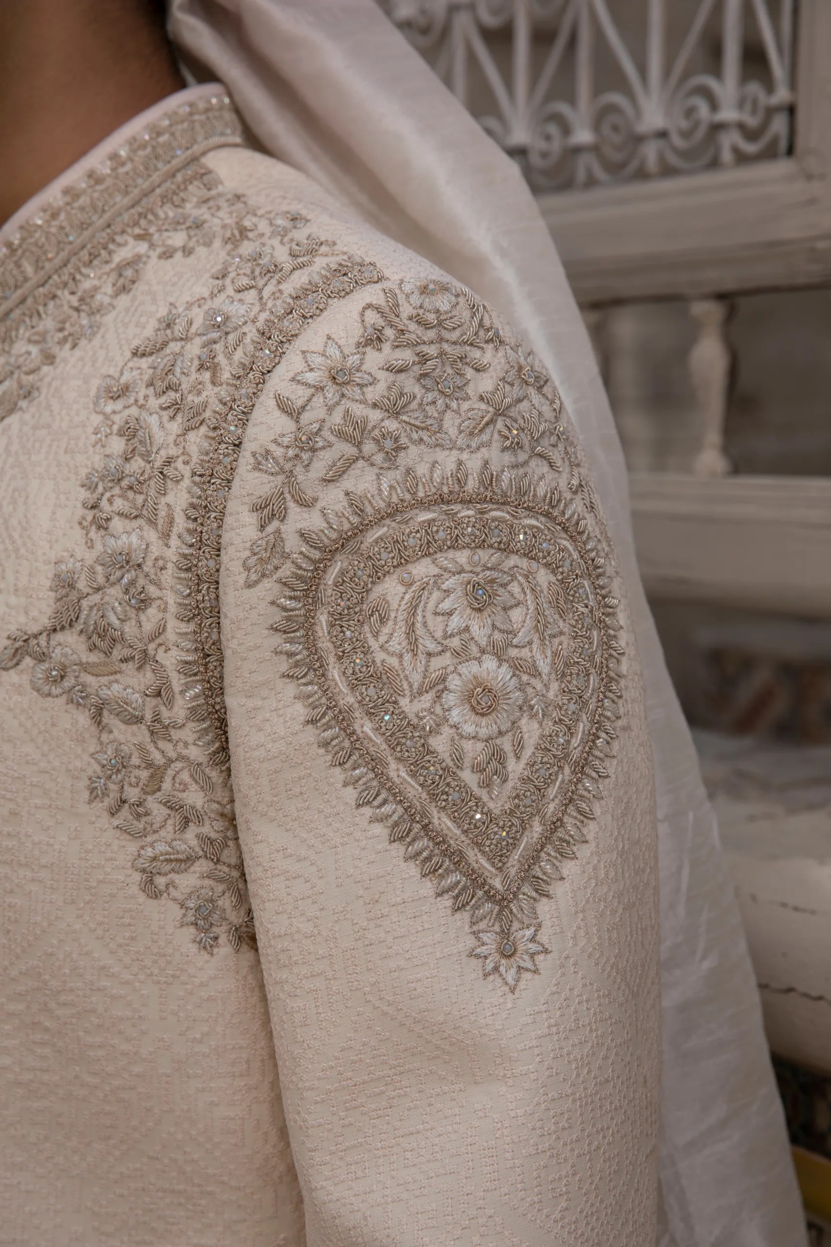 Ivory Zari Embroidered Kora Silk Groom Sherwani (2-Piece) - Image 5