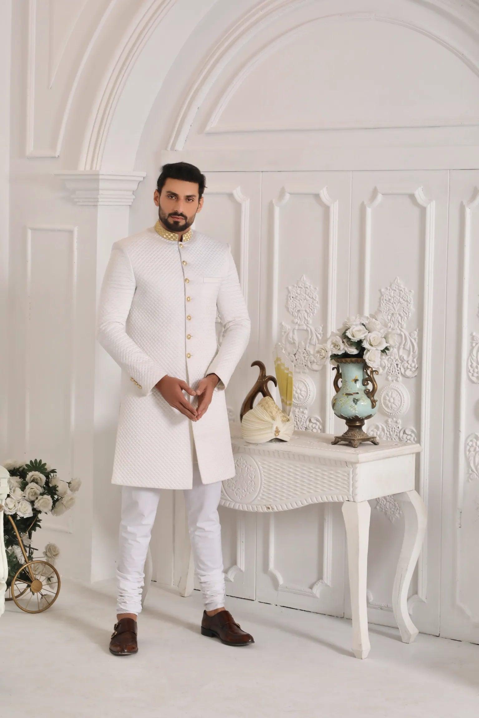 Off-White Adda Work Matte Silk Sherwani (2-Piece) - Image 3