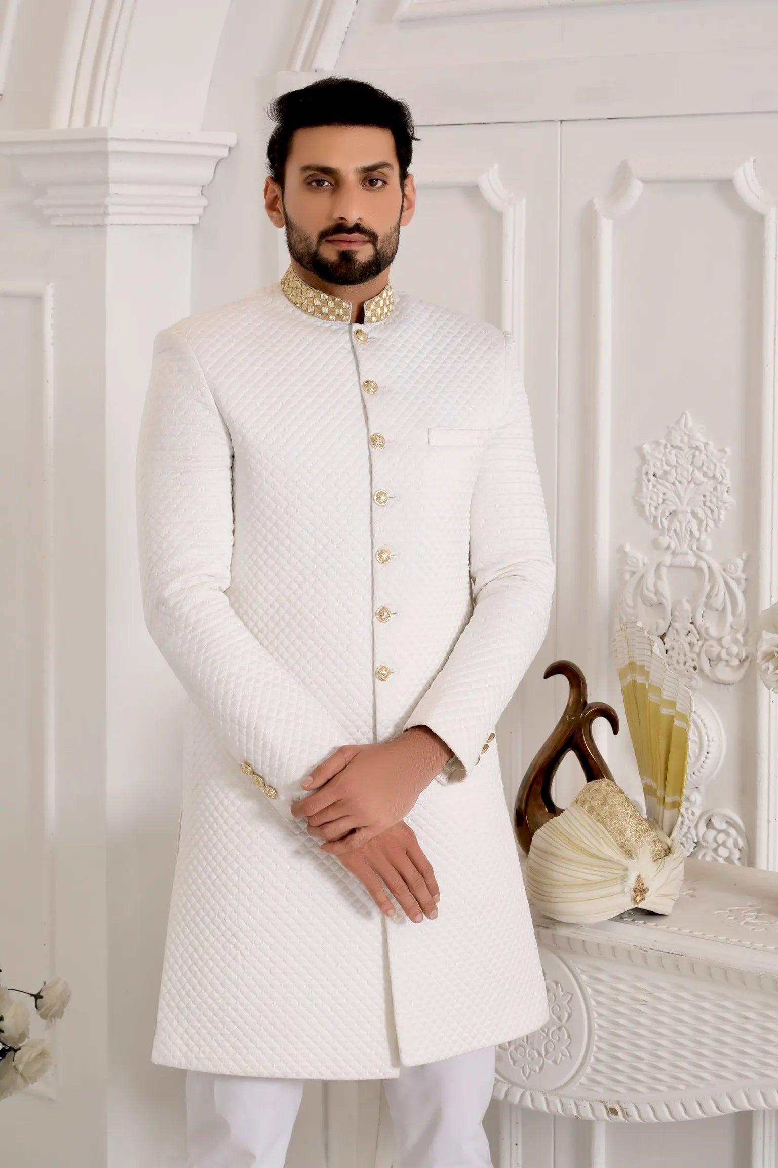 Off-White Adda Work Matte Silk Sherwani (2-Piece) - Image 4