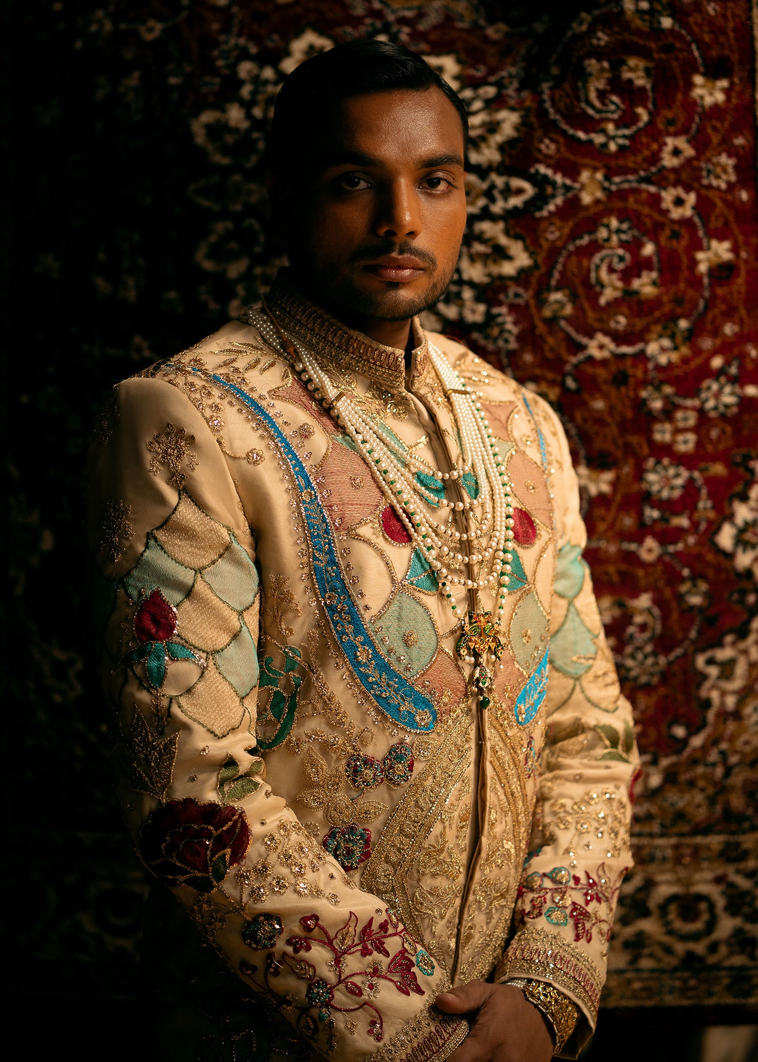 Ivory Embroidered Organza & Korean Silk Sherwani (3-Piece) - Image 3