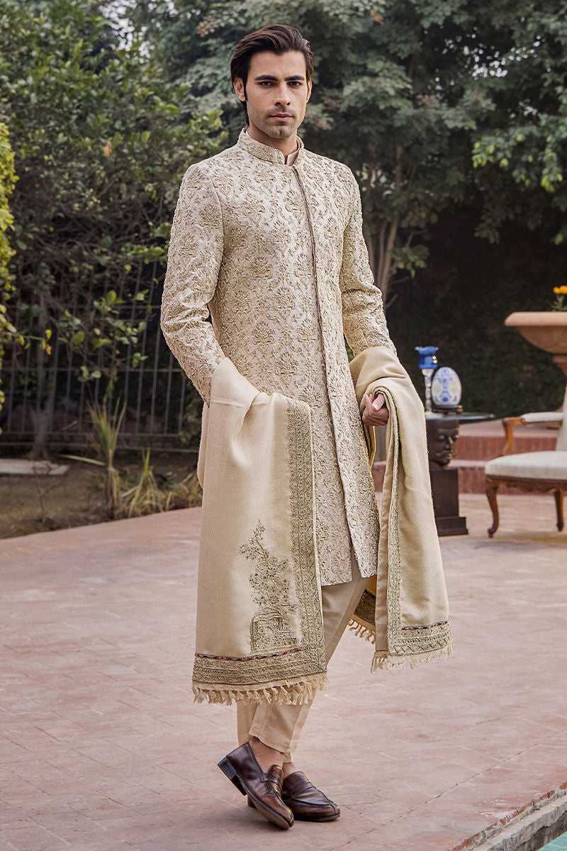 Ivory Embroidered Pure Silk Groom Sherwani (3-Piece) - Image 1