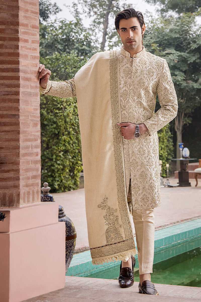 Ivory Embroidered Pure Silk Groom Sherwani (3-Piece) - Image 2