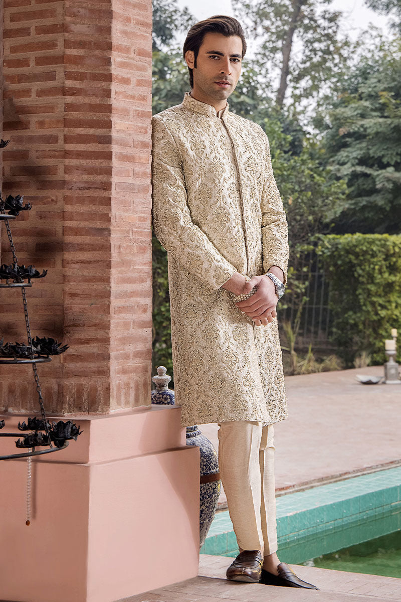 Ivory Embroidered Pure Silk Groom Sherwani (3-Piece) - Image 3
