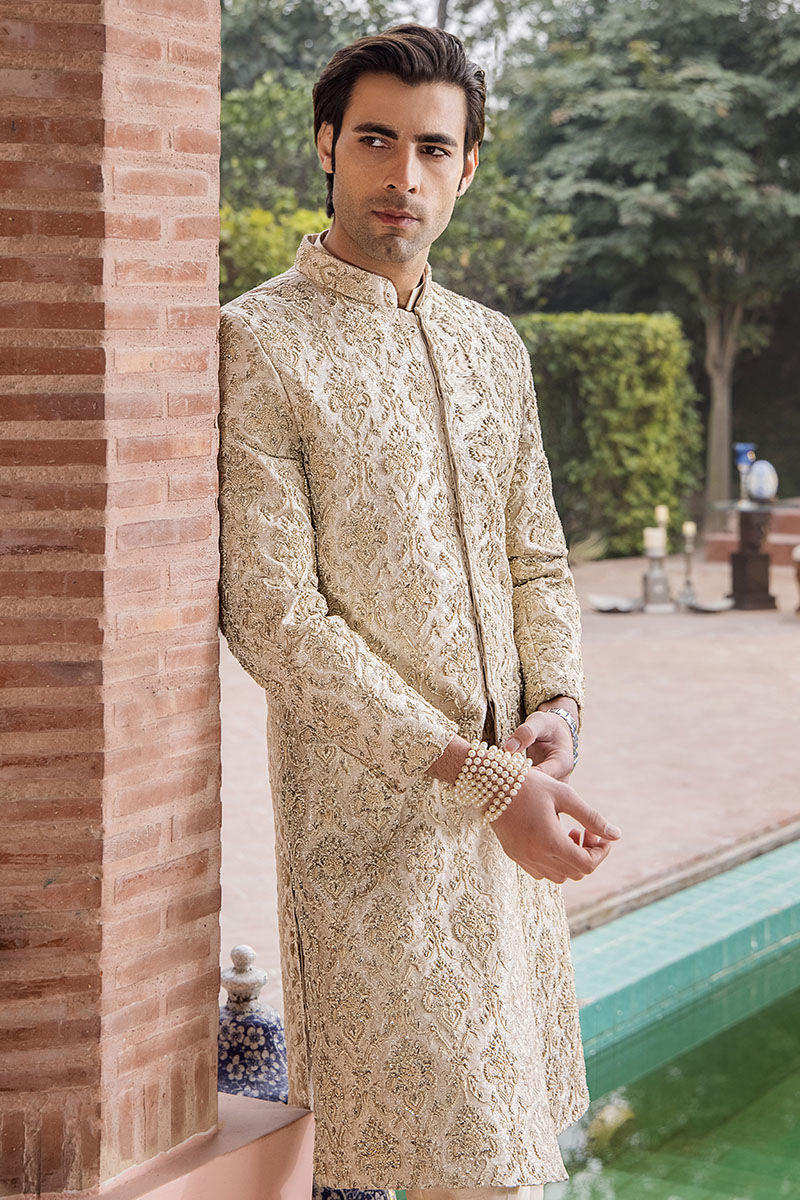 Ivory Embroidered Pure Silk Groom Sherwani (3-Piece) - Image 4
