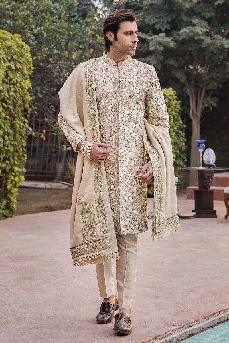 Ivory Embroidered Pure Silk Groom Sherwani (3-Piece) - Image 5