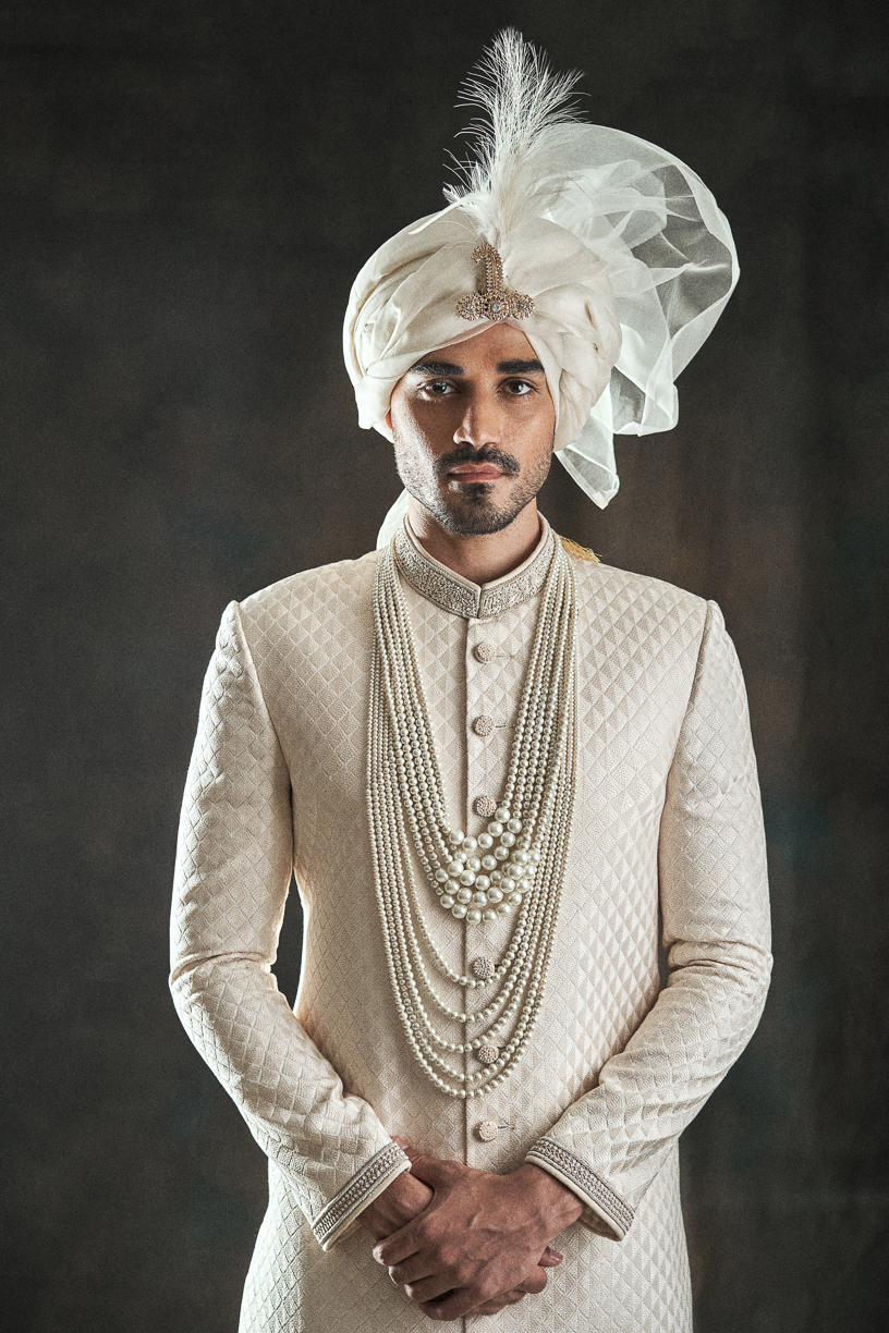 Ivory Quilted Jacquard Groom Sherwani (3-Piece) - Image 1