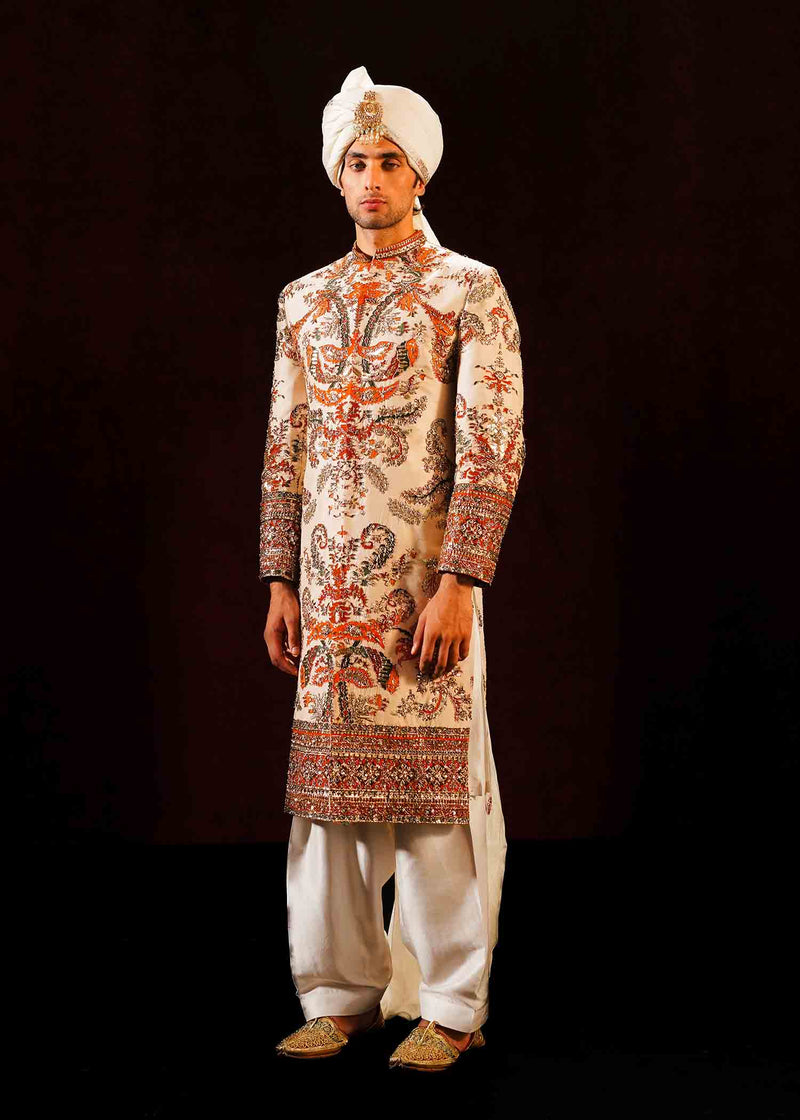 Ivory Adda Work Raw Silk Sherwani (4-Piece) - Image 1