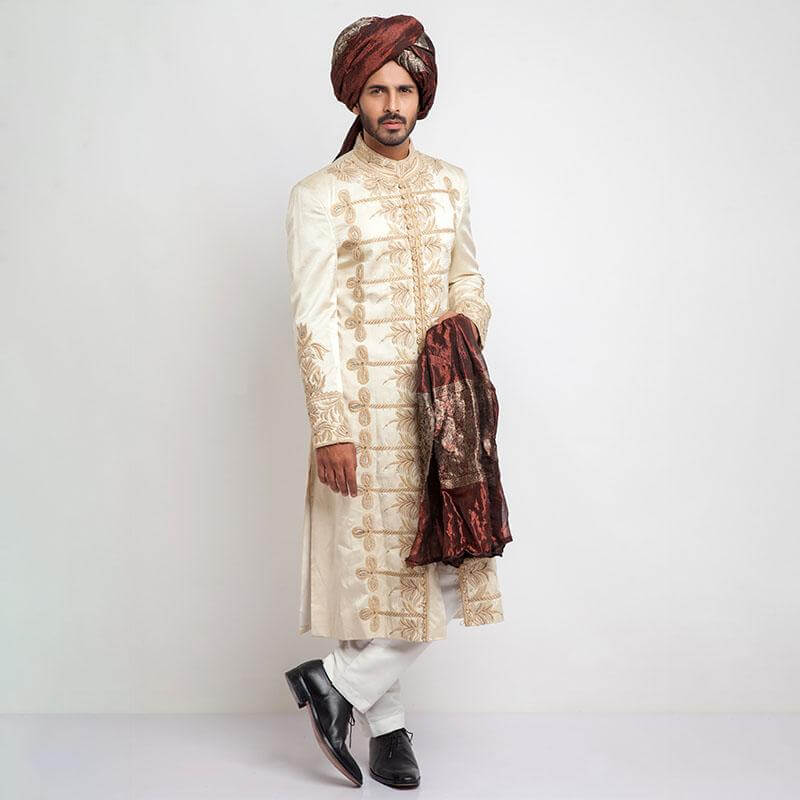 Ivory Gold Embroidered Raw Silk Sherwani (3-Piece) - Image 1