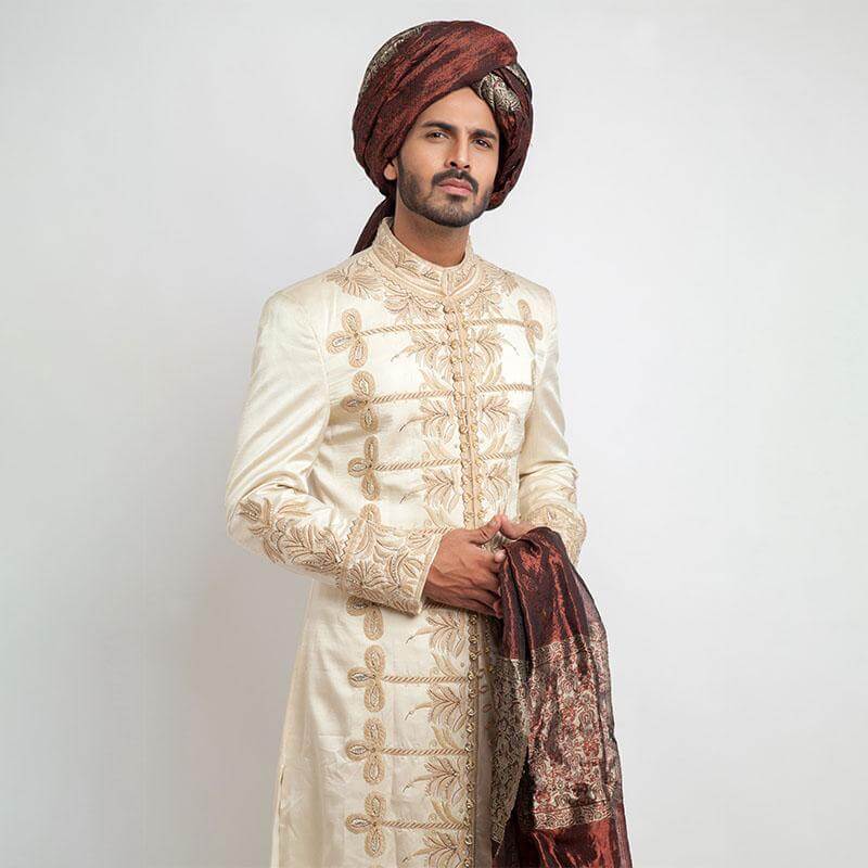 Ivory Gold Embroidered Raw Silk Sherwani (3-Piece) - Image 2