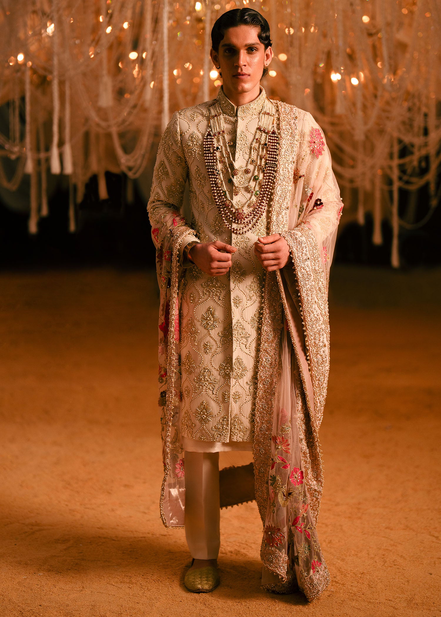Ivory Hand-Embellished Raw Silk Sherwani (3-Piece) - Image 1